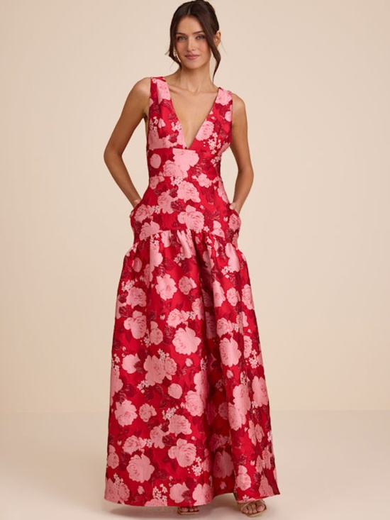 Lulus Dresses & Skirts - Lulus Valna Red Floral Jacquard Drop Waist Maxi Dress - Size XL